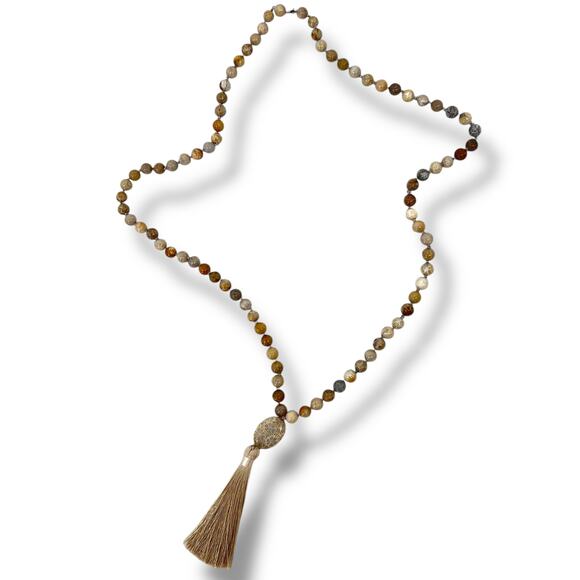 HANDMADE Venus Jasper Hand Knotted Opera Length Tasseled Necklace Semi Precious - Picture 1 of 3